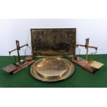 Two post office scales, two brass trays and a gong