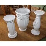 Three white pottery garden pieces