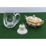 A Belleek bell, a glass tankard and a lidded dish