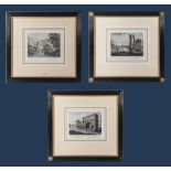 Three framed engravings depicting The Sybil Temple Tivoli, Campo Vaccine and Arc de Triomphe