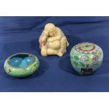 Two pieces of cloisonne and a Buddha