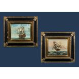 Two framed prints of galleons