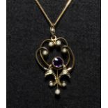 A 9ct gold amethyst and seed pearl pendant and chain