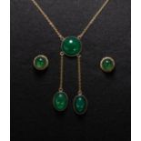 A 9ct gold green stone pendant and earrings