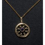 A 9ct gold amethyst and seed pearl pendant and chain