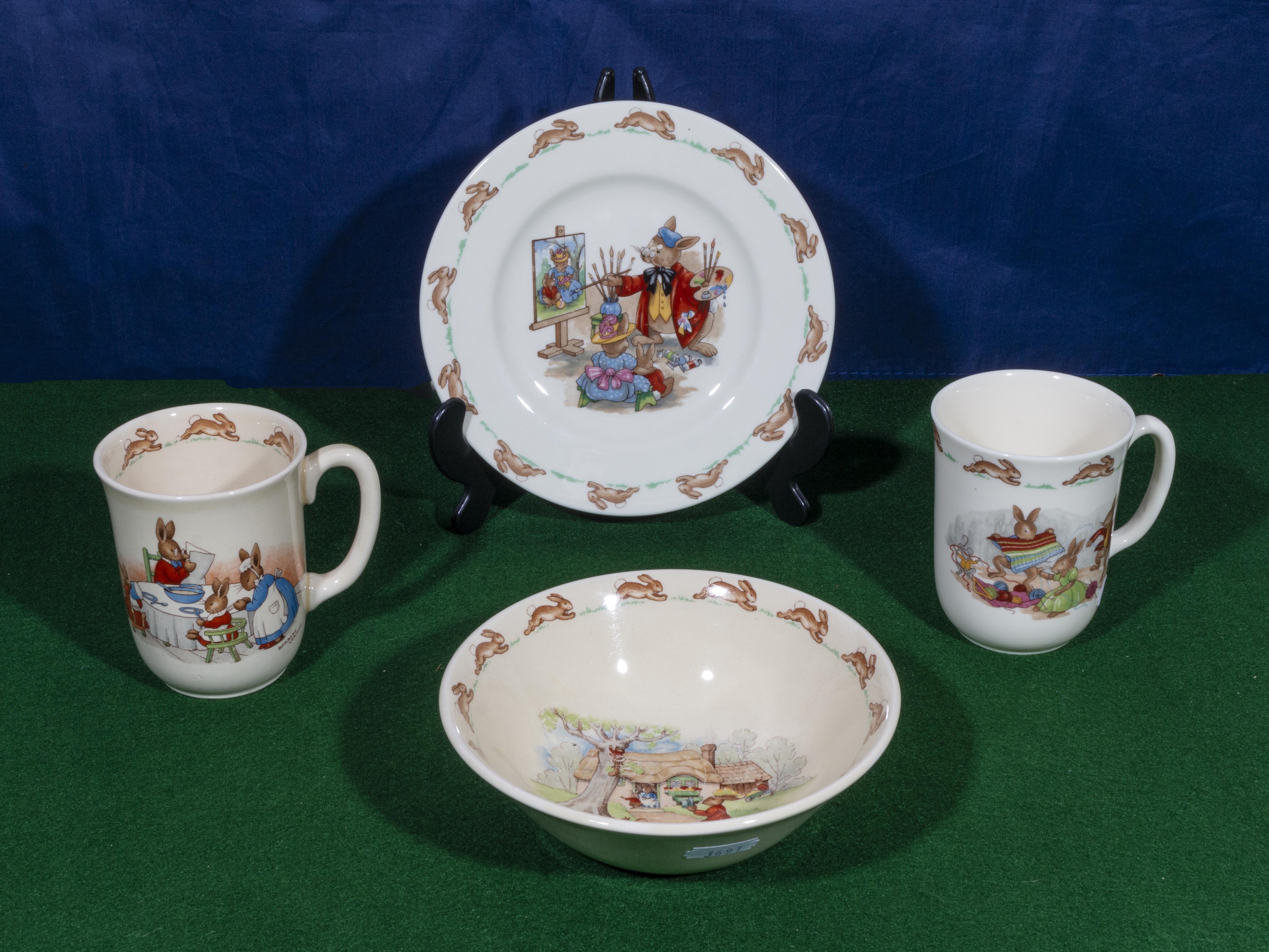 Two Bunnikins mugs, a plate and a bowl