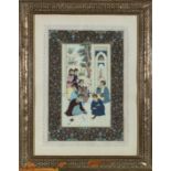 A gilt framed painted ivory panel depicting a Middle Eastern scene of men smoking and reading,