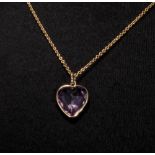A 9ct gold heart shaped amethyst pendant and chain