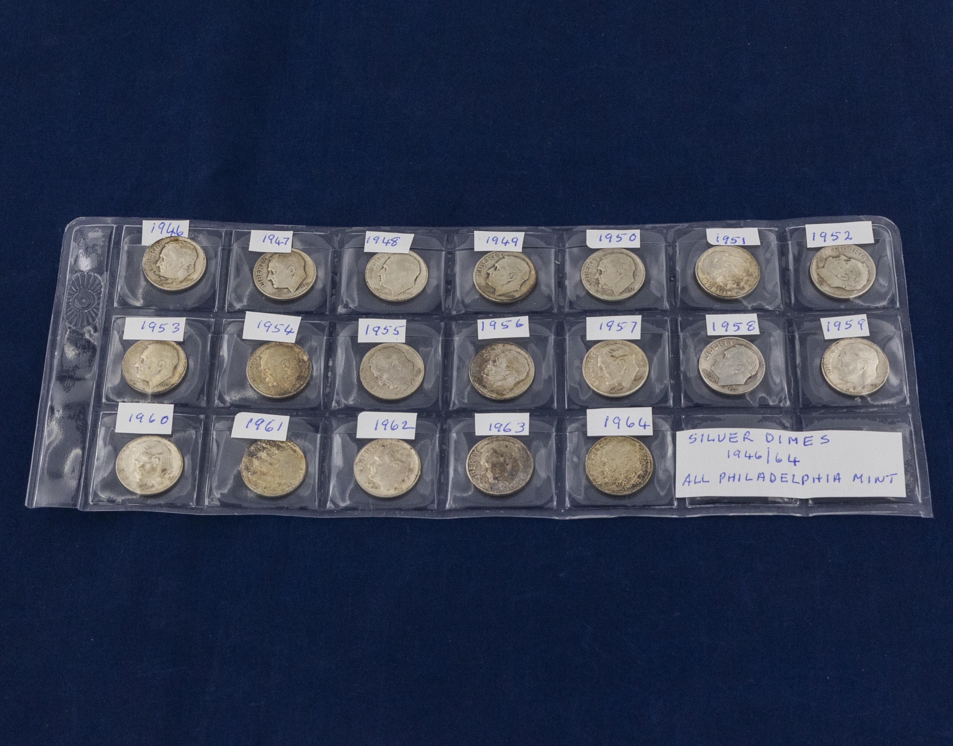 A collection of silver dimes 1946/64