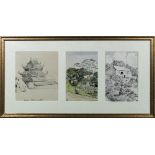 Three watercolours of Oriental scenes including Temple at Amoy