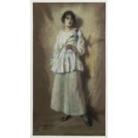 Lancelot Roberts 1883- 1950 framed pastel depicting a young woman holding an iris, dedications