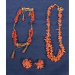 Two vintage coral necklaces and a pair of earrings A/F