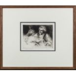 A framed etching depicting an accordion player