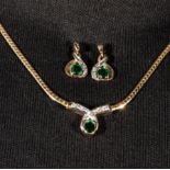 A 9ct gold diamond and green stone pendant and earrings