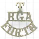 T / RGA / FORTH scarce white metal Royal Garrison Artillery Scottish shoulder title circa 1908-20.