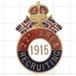 1915 22nd Recruiting Area WW1 enamelled lapel badge.