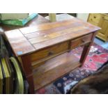 A modern stained hardwood side table with a lower shelf and two small drawers