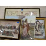 Two 1960s reproduction maps and five micro mosaic and painted stone pictures to include three