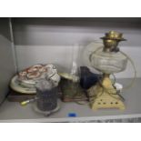 A mixed lot to include a converted oil lamp, collectors plates and other items