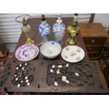 Ceramics and metalware to include two Chinese vases, two oil lamps, a wooden panel and other items