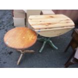 A modern pine fall flap table, 29h x 36w, together with a pine circular topped occasional table,