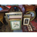 A mixed lot of prints and mirrors to include an oval Edwardian, string inlaid mirror