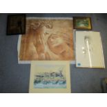 A group of pictures to include a framed crystoleum, an unframed watercolour, signed D Baker '60,