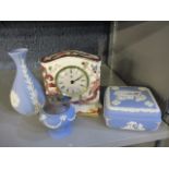 A Masons Mandalay Red mantle clock together with three pieces of blue Wedgwood Jasperware