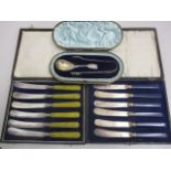Silver and silver plate to include a boxed silver serving set, comprising a spoon and sugar tongs