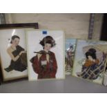 Four painted stone and micro mosaic pictures of Japanese and Burmese ladies