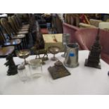A mixed lot to include silver plate, silver topped jars, pewter, a brass deer and a money box in the