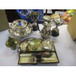 Mixed silver plate and brass to include a silver plated teaset