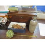 A late 19th/early 20th century inlaid mahogany box, two brass chestnut roasters, a selection of