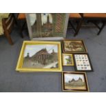 Five Burmese painted stone and micro mosaic pictures to include Burmese temples, together with a