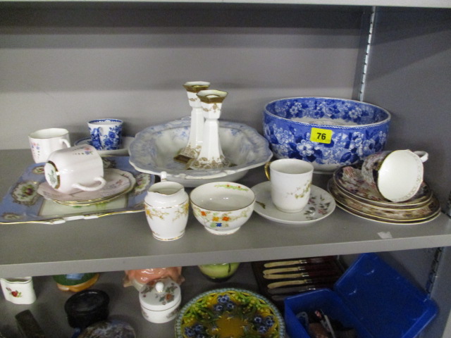 Mixed ceramics to include Royal Crown Derby cups and saucers, Wedgwood candlesticks, a Limoges cup