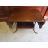 A reproduction mahogany two tier coffee table with side flaps, 18 h x 28 6/8 when un-extended x 18