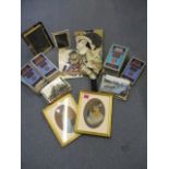 Vintage maps, two photo frames, vintage postcards, a pair of pastels, framed, a cardboard puppet and