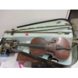 A late 19th/early 20th century violin 14 1/4, and three bows in a case