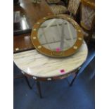 A reproduction French, marble topped demi lune side table having eight enamel plaques, 28 1/4 h x