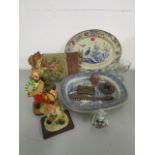 A mixed lot to include two Victorian blue and white meat dishes, a brass door knocker, a carved