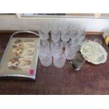 A retro teak and chrome drinks tray, the centre inset with an Arthur Wardle print of three seated