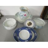 A Ridgeway wash bowl, jug and two chamber pots, a Losol Ware meat dish, two plates and one other