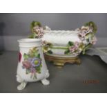 A Worcester vase with applied floral decoration 4 1/2"h and a similar twin handled vase, 12" w