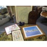 A selection of mixed framed and glazed pictures to include cigarette cards, a Butchers advertisement