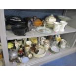 A mixed lot to include owl ornaments, glassware, a Japanese teaset, clown figures, a Melba teaset