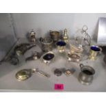 A small quantity of silver plate to include mustard pots, pepper pots, silver pill boxes and other