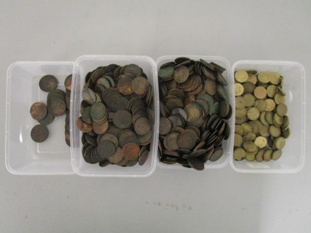 A selection of pre-decimal British one penny, 1/2 pennies and brass threepenny bits