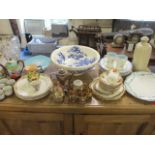 An Edwardian blue and white wash bowl, two Oriental part coffee sets and other 20th century ceramics