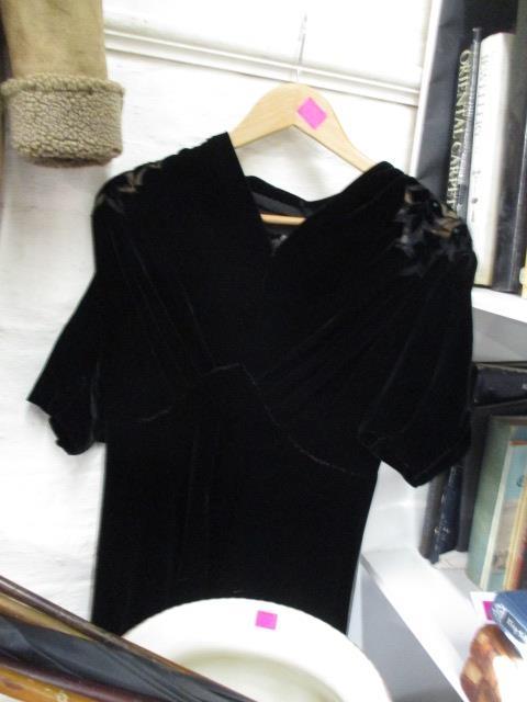 A 1930s/40s black velvet evening dress, a snake skin evening bag, a Ackery handbag and a R W Forsyth