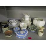 A Foley china part teaset, Wedgwood white glazed flower bowls, Wedgwood Japser ware and other